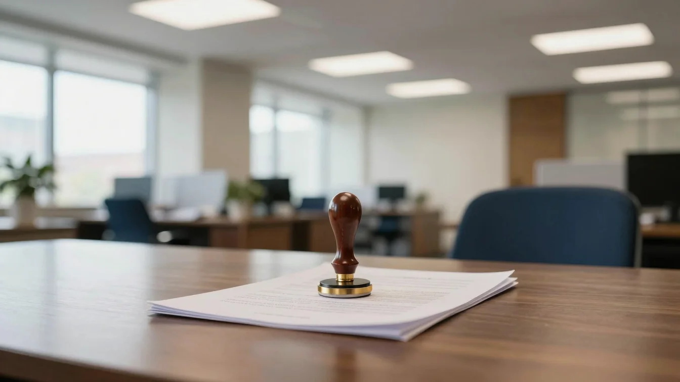 Architectural office interior, focus on a diplomatic seal or offi